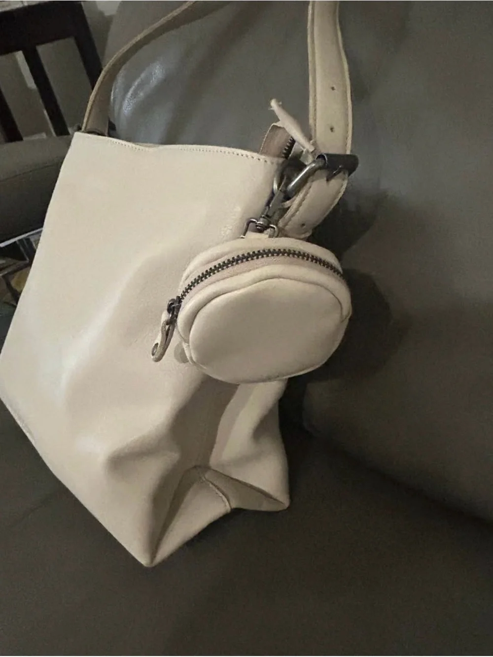 Cream Leather Hobo Shoulder Bag with Detachable Coin Pouch